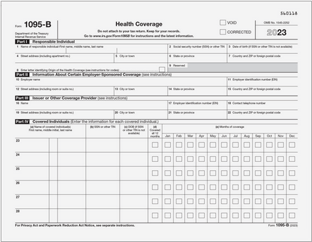 IRS ACA Form 1095-B Health Coverage (50 Laser Cut Sheets)