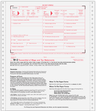 W-3 Transmittal of Wage and Tax Statements 2-Part Carbon (50 Continuous Forms)